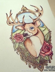 玫瑰花羚羊纹身手稿图案