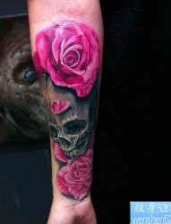 手臂欧美骷髅玫瑰花纹身图案