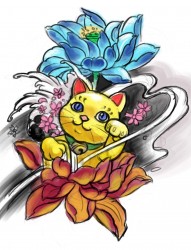 一款招财猫莲花纹身图案