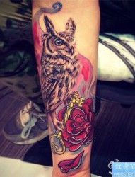一款腿部猫头鹰玫瑰纹身图案