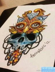 欧美猫头鹰骷髅头纹身图案