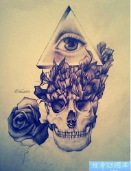 骷髅头玫瑰花上帝之眼纹身手稿图案
