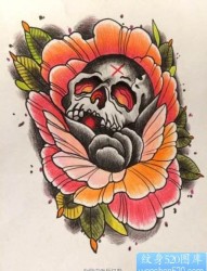 欧美彩色骷髅玫瑰花纹身图案