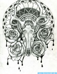 鹿玫瑰花纹身手稿图案