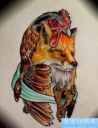 一款彩色school狐狸风格纹身手稿图案