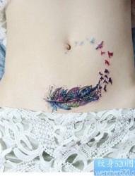 女性腹部彩色羽毛纹身图案