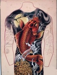 个性后背红色锦鲤纹身手
