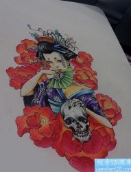 艺妓骷髅玫瑰花纹身图案