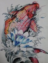 彩色传统莲花鲤鱼纹身图案