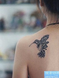 女性肩部蜂鸟纹身图案