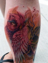 腿部彩色猫头鹰纹身图案