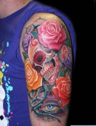 手臂彩色骷髅玫瑰上帝之眼纹身图案
