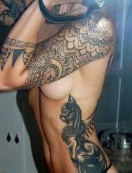 一款侧腰tattoo girl猫咪纹身图案