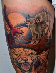 腿部豹子老鹰猴子纹身图案