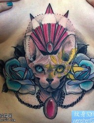 胸口彩色猫咪玫瑰花纹身图案