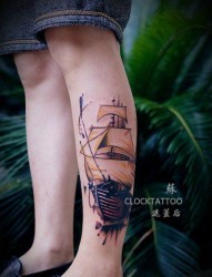 小腿部杨帆起航的小船纹身图案