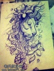 纹身馆提供一款狮子莲花纹身手稿图片