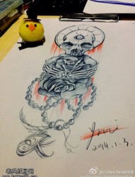 彩色骷髅玫瑰纹身手稿图案