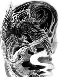 黑灰素描凤凰纹身手图片
