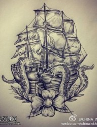 帆船章鱼花纹身图片