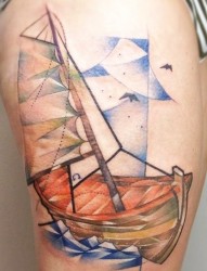 腿部彩色帆船纹身图案
