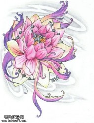 一款彩色莲花十字架纹身手稿图案