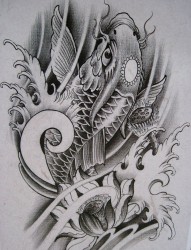 一款黑灰鲤鱼莲花纹身图案