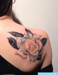 一款女性肩部玫瑰花纹身图案