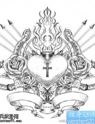 玫瑰花爱心十字架火焰箭头纹身手稿图案