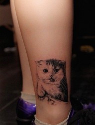 女孩腿部一款非常逼真的小猫头像纹身