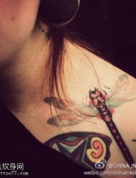 女性肩部彩色蜻蜓纹身图案