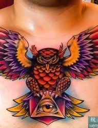 男性胸部猫头鹰纹身图案