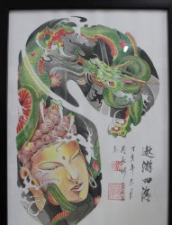 一张彩色大佛和中国龙组合的半胛纹身手稿