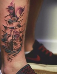 腿部小腿处潮流的帆船纹身
