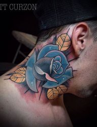 脖子纹身蓝色玫瑰花纹身图案