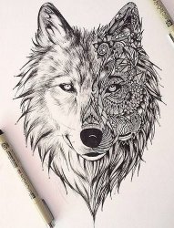黑色帅气的双面风格的狼纹身图片手稿