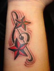 手小臂上的红黑五角星和音乐符号纹身图片