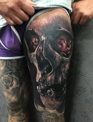 男性左右花腿恐怖的大骷髅头纹身图片
