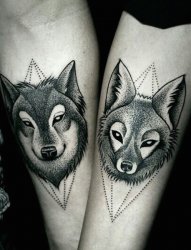 情侣手小臂上的虚线和帅气的狼纹身图片