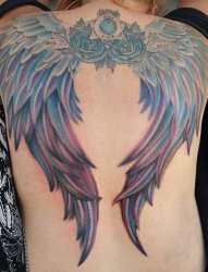女性满背彩色大翅膀纹身图片