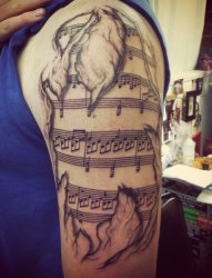 男性手臂帅气的音乐符号主题纹身图案