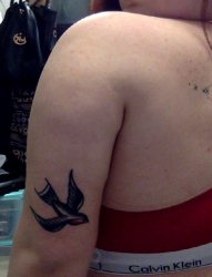 女性左手大臂上漂亮的传统风格燕子纹身图片