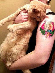 女子左手大臂上漂亮的彩色宠物猫纹身图片
