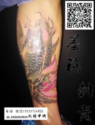 男子小腿鲤鱼纹身 覆盖纹身 彩色鲤鱼纹身  沈阳纹身 墨鸦刺青纹身