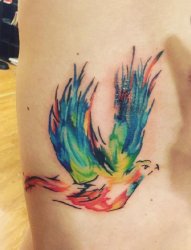 男子侧肋上漂亮的水彩飞鸟纹身图片