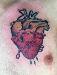 男性胸部锁链缠绕着机械心脏纹身图片