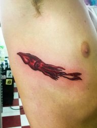 男性右肋上红色的巨型乌贼纹身动物图案纹身