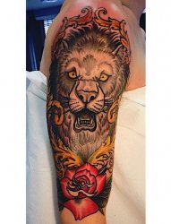 时尚花臂纹身半臂玫瑰花和狮子头纹身图片