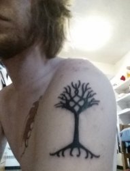 男性左手臂上黑色的小树图腾纹身图片
