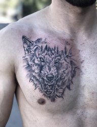 男性胸部上黑灰色山峰和狼头纹身图片